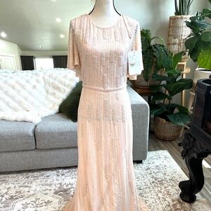 NWT Mac Duggal [10] 11014 High Neck Flutter Sleeve Embellished Gown Rose S1880
